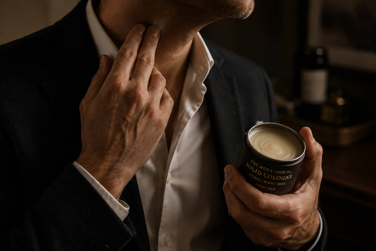 A solid cologne tin open on a dark surface beside a folded shirt in warm morning light