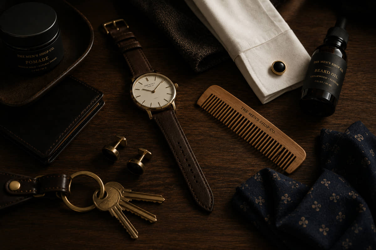 A considered arrangement of a watch, comb, cufflinks, keys and grooming essentials on dark walnut