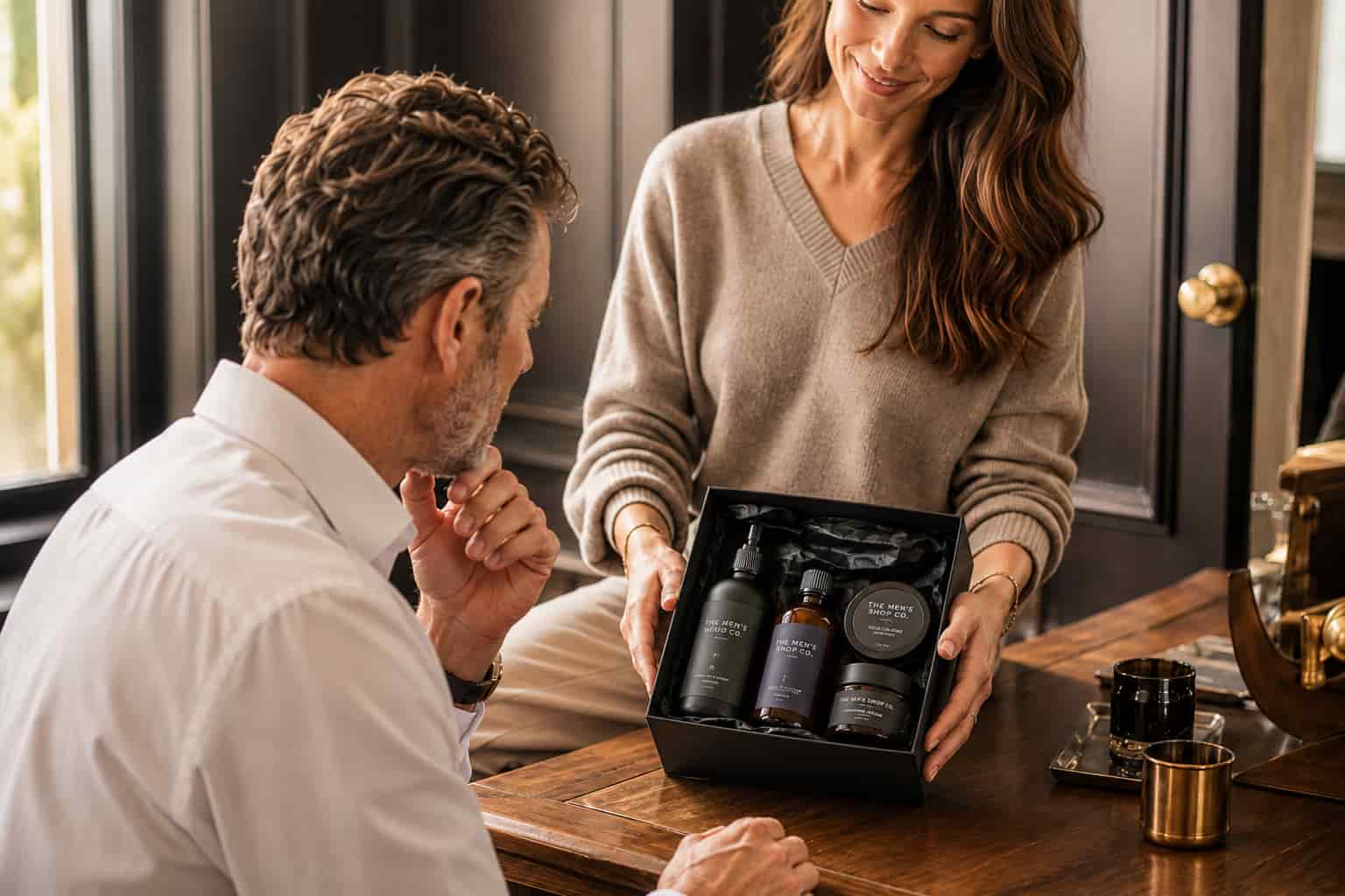 A thoughtful grooming gift arranged with restrained, masculine presentation