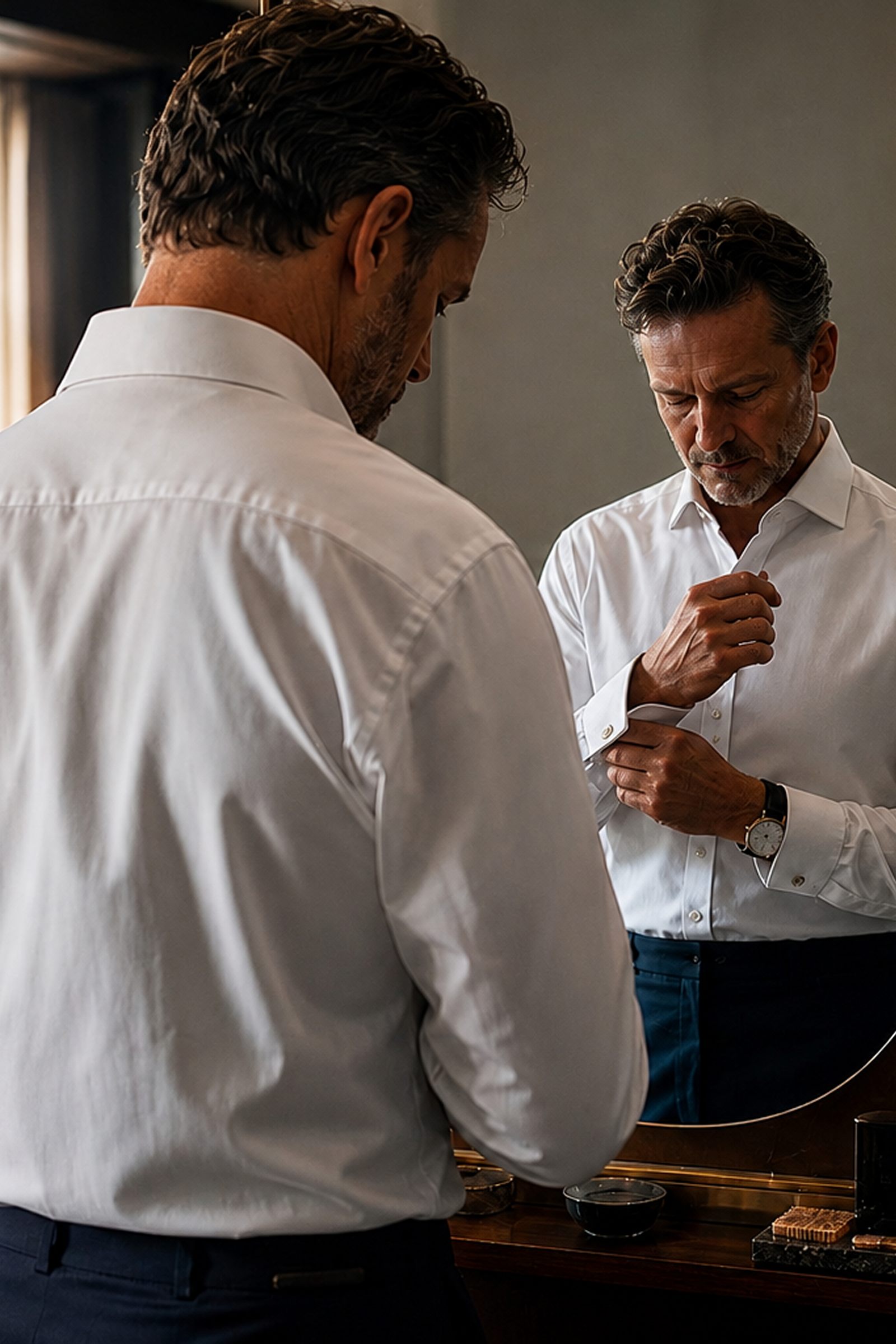 A well-dressed man adjusts his cuff during a final moment at the mirror